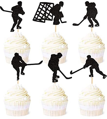 Ercadio Hockey-Cupcake-Topper mit Sportmotiven, Kuchendekoration für Hockeyspieler, Babyparty, Kindergeburtstag, Partyzubehör, 24 Stück
