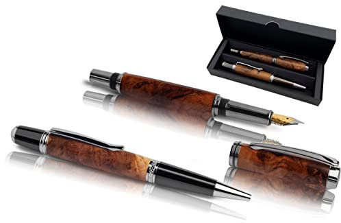 Handgefertigtes Schreibset aus Echtholz | Geschenkset mit Füller & Kugelschreiber aus Edel Holz im Etui | Exklusives Business Geschenk Set für Mitarbeiter & Kunden (Weinrebe)