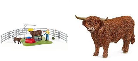 SCHLEICH 42529 Spielset - Kuh Waschstation (Farm World), Mix & 13919 Hochland Bulle