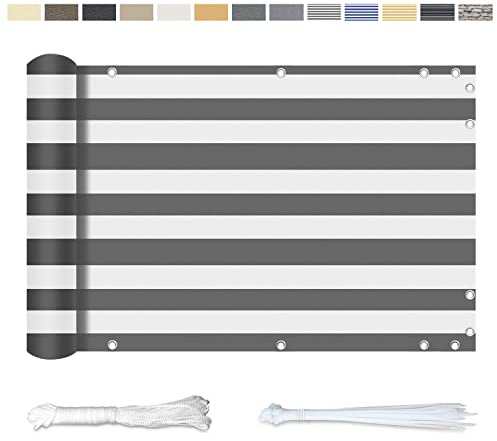 YangAera Balkon Sichtschutz 90x800CM, Windschutz Wasserdicht und UV-Schutz Balkonabdeckung - mit Ösen Kabelbinder und Kordel, für Balkongeländer Terrasse Garten (Graue und Weiße Streifen)