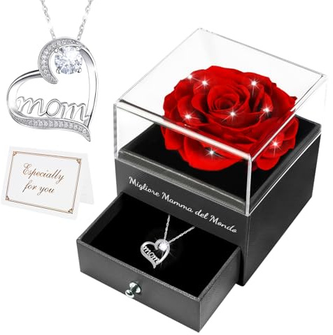 Miofula Festa della Mamma Idee Regalo,Rosa Stabilizzata Vera Regalo Mamma Compleanno,Rosa Eterna con Collana Argento 925 Donna, Migliore Mamma del Mondo, Regali Festa della Mamma, Regalo Collana Donna