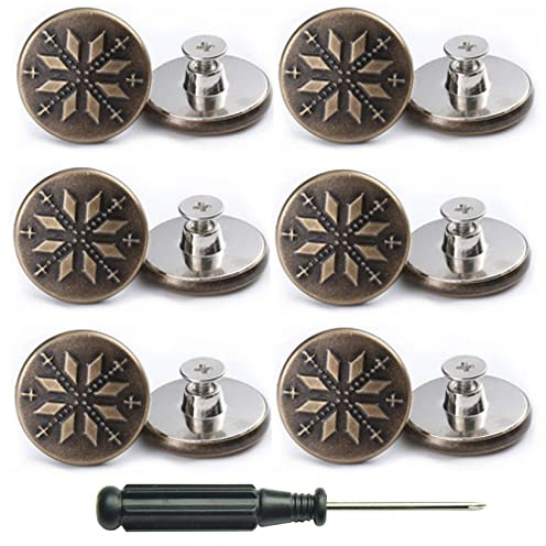 12 Stück Ersatz-Jeansknöpfe ohne Nähen, 20 mm, abnehmbar, verstellbar, Metallknopf, Reparatur-Set mit Schraubendreher, Hosen-Taillenstraffer für Männer, Frauen (Schneeflocke)
