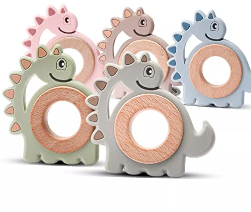 Dinosaurier Beißring für Baby Natur Buchen-Holz & Silikon - Kauspielzeug, Zahnungshilfe & Greifring für Jungen & Mädchen - Babyspielzeug nachhaltig, BPA-frei, schadstofffrei (Dino Braun)