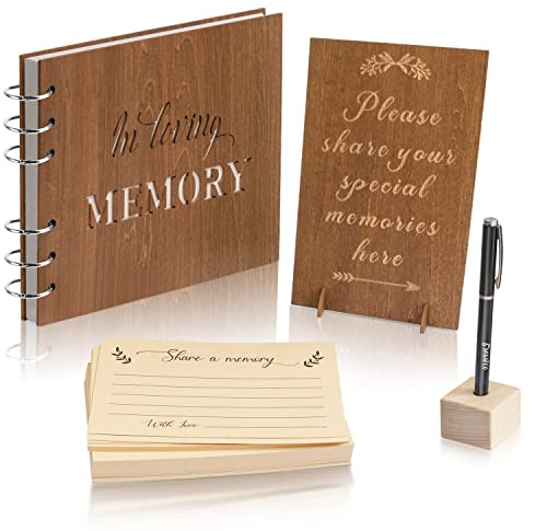 Creawoo Wooden Funeral Guest Book for Memorial Service Celebration of Life Decorations, Hardcover In Loving Memory Guestbook Set with White Pages, Included Share a Memory Cards, Table Sign, Pen (8.5)