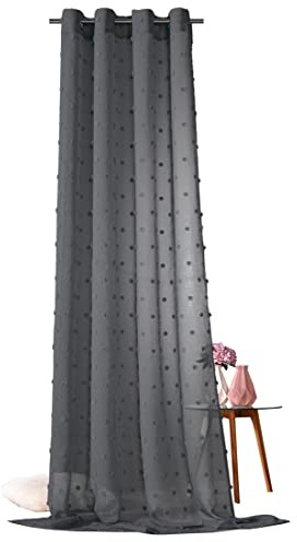 heimtexland ® Boho Vorhang Leinen Optik Transparent Deko Pompoms Ösenschal Gardine Typ764 (Schwarz, 245 x 135 cm)