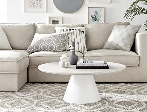 Furniturebox UK Coffee Table - Palma Round Coffee Table - Modern Coffee Tables With Tapered Central Pedestal Leg - Beige Stone-Effect Finish - Living Room Furniture