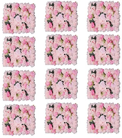 Lightakai 12 Stück Blume Wand Panel, Wand Künstliche Blumen Panel Romantische Rosenblumenwand für Hochzeit Hintergrund Fotografie Veranstaltungsort Dekor Haus Garten Party, 60 x 40 cm (Hellrosa)