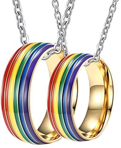 Bishilin Paar Halskette Edelstahl mit Gravur, Partnerkette mit Charms Anhänger Ring LGBT 8MM Gold mit Emaille Pärchen Ketten für Sie und Ihn