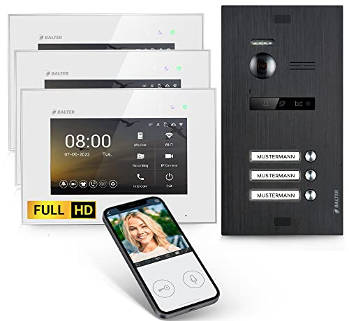 Balter EVO-HD Video Türsprechanlage, Video Türklingel mit Kamera, 3 Familienhaus Klingel, Smartphone App, 3X 7 Zoll HD Monitor, Full HD, 2 Draht Bus, 175° Weitwinkel Schwarz
