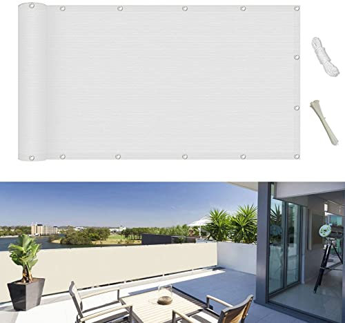 Balkon Sichtschutz Balkonabdeckung 145 x 950 cm Sonnenschutz atmungsaktiv Sichtschutzmatte Sichtschutzzaun mit Ösen und Kordel für Balkon Terrasse Garten, Weiß