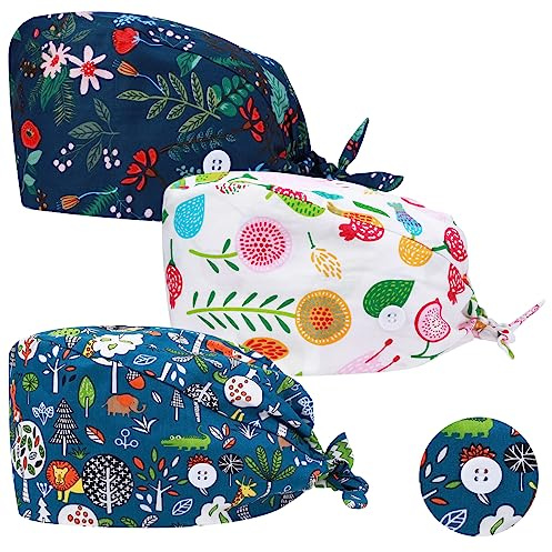 3 Pièces Casquettes de Travail Réglable Bandana avec Bouton Chapeau de Peintre Coton Imprimé Unisexe Casquette Cache Poussière（Style Fruit）