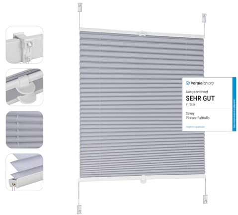 Sekey Plissee ohne Bohren Verdunkelung, Fenster Plissee Klemmfix Jalousie 80 cm breit, Verspannt Blickdicht Sonnenschutz Fensterollo, 80x130cm, Blaugrau