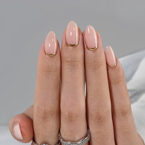BTArtbox Press On Nails, Gold End, Short Almond, Gold Foil Design, 32Ct | Lichthärtend, 4 Wochen Haltbarkeit, Nägel Zum Aufkleben in Salonqualität, In 10 Mins Erledigt, 16 Größen, Nagel Tips Set