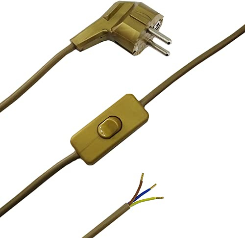 Zuleitung 2 m Gold mit Schutzkontakt Winkelstecker und Kippschalter AN AUS Anschlusskabel H03VVH2-F 3x0,75 mm² Netzkabel 250V anschlussfertig