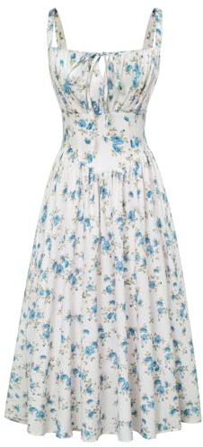 SCARLET DARKNESS Vestido Victoriano con corsé para Mujer, Cintura Alta, Estampado Floral con Bolsillos, Vestido de Hadas, Flores Azules S