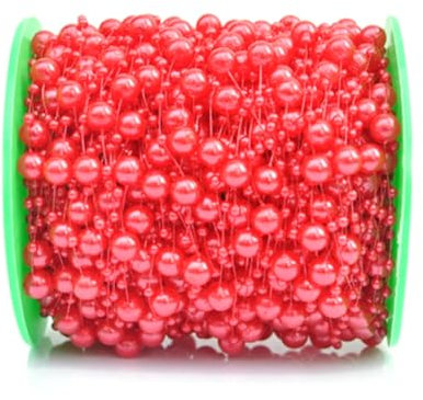 Wisafory Perlengirlande 30m/Roll Perlenband Künstliche Perlen Girlande Geschenkband Dekoband Perlenschnur mit Angelschnur Perlenkette für DIY Basteln Hochzeit Weihnachten Tischdeko Rot