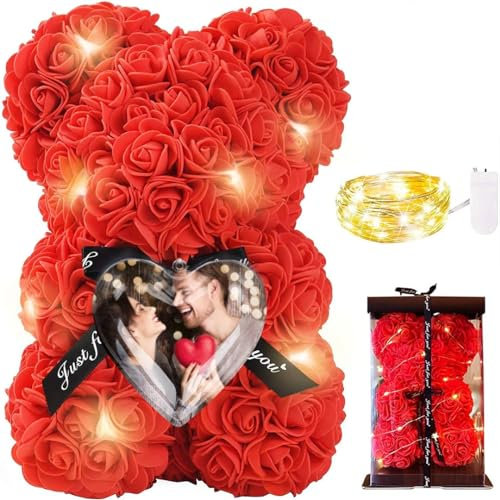 Orsetto di Rose con cuore con Foto Personalizzata e Luci Led Orsacchiotto Teddy Bear Idea Regalo Regali per Lei Fidanzata Compleanno Mamma Anniversario SanValentino Rosso Amore Love Orso Fiori Coppia