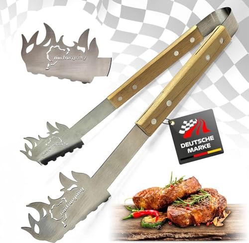 Nürburgring Grillzange, BBQ Zange Edelstahl, Grill Zange Holz, Ideal für Grillliebhaber, Robust und Langlebig, Küchenzange Perfekt für jeden Grillabend