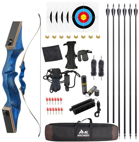 60 Schwarzer Jäger Original Recurve Bogen Set Amerikanischer Jagd-Langbogen Bogenschießen Holzbogen 20-60lbs Rechts/Linkshänder für Bogenschießen Jagd Schießen Praxis (Linke Hand Set blau, 60Ibs)