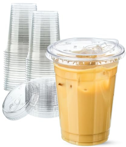 Aestleaf Vasos de plástico transparente de 16 onzas con tapas para sorbo, 25 juegos de tazas de café desechables de plástico helado con tapas sin popote, tazas de café para llevar para batidos