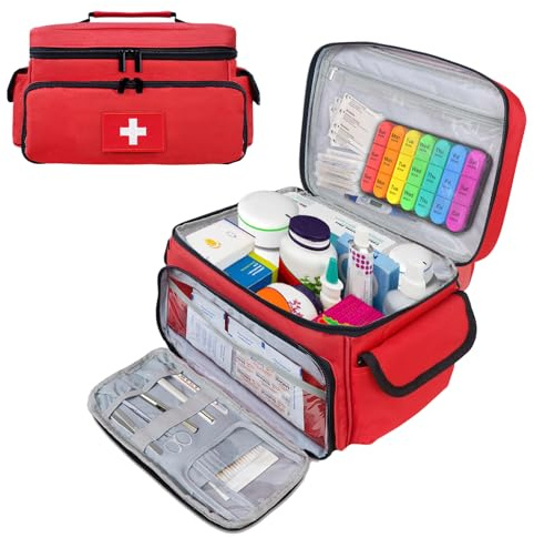 ALSLEA First Aid Bag Empty First Aid Kit Storage Box 12 x 9 x 7 Medical Bag Portable Pill Bottle Organizer Case for Car, Travel, Office, Outdoor, Camping, Hiking, School (Red)