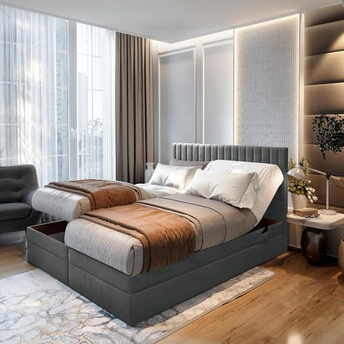 TRADA Boxspringbett ADÈLE 180x200 cm, elektrisch Bett mit Matratze + Tooper | Stoffbezug Veloursstoff, Bettkasten mit Gasautomaten, Dunkelgrau