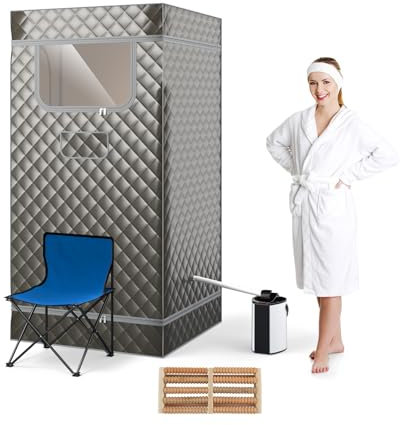 RELAX4LIFE Sauna a Vapore Portatile, Tenda Sauna Personale con Generatore di Vapore 3L, Sedia Pieghevole, Telecomando, Temperatura Regolabile su 9 Livelli, Timer, Stanza Sauna (Grigio)