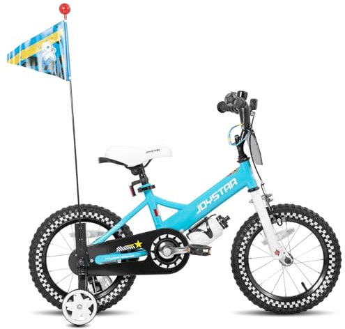 JOYSTAR 12 Zoll Kinderfahrrad für Jungen von 2-4 Jahren, 12 Zoll Jungenfahrrad mit Stabilisatoren & Flagge & Nummernschild, Blau