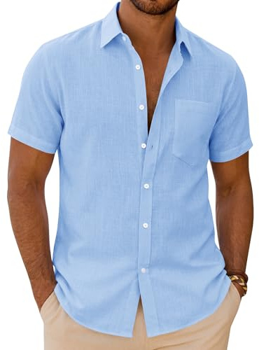 siliteelon Mens Short Sleeve Shirts Summer Linen Shirt Beach Regular Fit Casual Cotton Holiday Tops with Pocket Sky Blue M