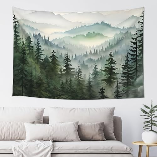 Hulnulnu Coloured Drawing Misty Forest Tapestry, Foggy Tree Wall Hanging Tapestries, Large Tapestry Nature Pine Woodland Wall Art for Bedroom Living Room