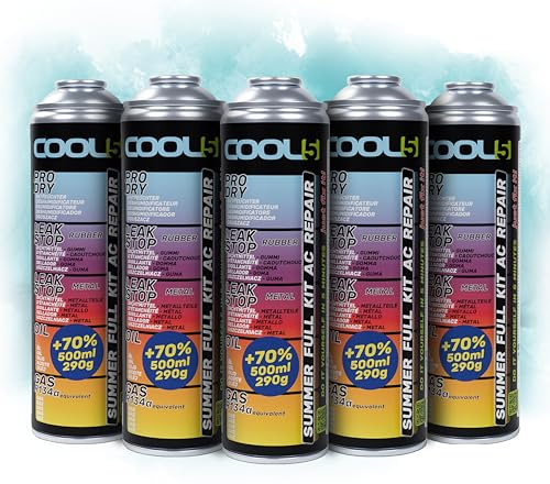 COOL5 recharge gaz de remplacement r134a, réfrigérant de remplacement r134a pour climatisation automobile - 5 boîtes 5en1, 290 g + APC 500ml