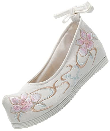 VERDANVERSE Embroidered Chinese Style Hanfu Shoes for Women, Ancient Style Dance Performance Footwear Thickened Sole and Elevated Heel, White Size 39