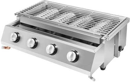 Barbecue a gas portatile, 4 fuochi, griglia a gas da tavolo, griglia a gas professionale, in acciaio inox, altezza regolabile 0-7 cm, 57 x 39 x 17,5 cm