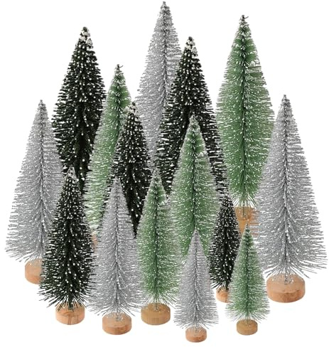 GETRICH 15 Pièces Mini Sapin de Noël Decoration 5 Tailles Sapin Miniature Noel Petit Sapin de Noel Artificiel Mini Arbre de Noël Miniature avec Base en Bois pour Décoration Table DIY Vitrine Chambre