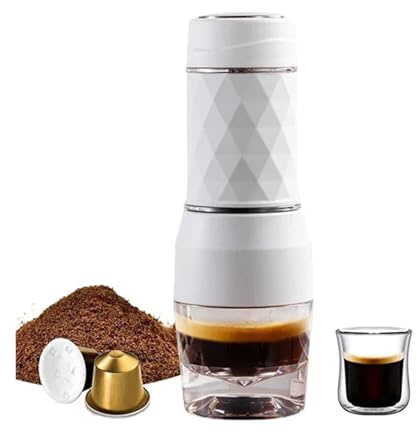 YQVEOT Portable Coffee Machine, 3 In1 Hot/Cold Portable Coffee Machine Manual Espresso Maker For Capsule & Ground Hand Press Brewer Home Office Travel(Bianco)