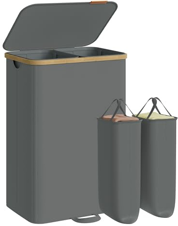 SONGMICS Wäschekorb mit Deckel, 150 Liter, 2 Fächer, Bambusrahmen | Wäschesammler, Wäschesack herausnehmbar, für Waschküche, Schlafzimmer, schiefergrau, ROXANNE Kollektion LCB532GN01