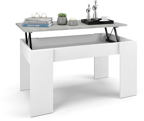 duehome | Mesa de Centro elevable, Mesita de Salón Comedor, Acabado en Blanco Artik y Cemento, Modelo Norak, Medidas: 90 cm (Largo) x 50 cm (Ancho) x 45-53,5 cm (Alto)
