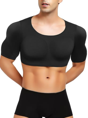 Bslingerie Men's Padded Compression Muscle Shirt with Fake Chest and Shoulder Enhancer, Winter Long Sleeve Shapewear Undershirt, Black, Sizes S-XXL (Black - Short Sleeve, M)