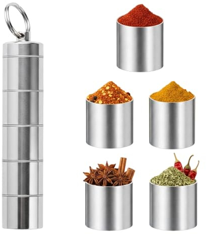 Ebksqs Mini Gewürzset 5-in-1 – Tragbare Salzstreuer aus Aluminium für Camping, Picknick, Reisen & Küche, Praktisches Outdoor-Utensil