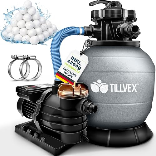 tillvex Depuradora de Agua para Piscina con temporizador 13.200L/h hasta 40.000L + 1200g Bolas de Filtro - 7 Funciones de Filtrado & Adaptador 2en1 Ø32-38 mm - Bomba de Filtro de Arena con Válvula