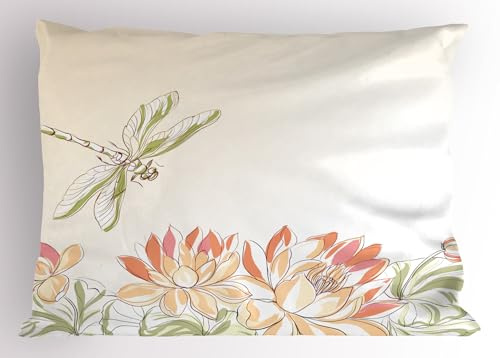 Ambesonne Dragonfly Pillow Sham, Lotus Flower Field with Dragonfly Flying Oriental Blooms Print, Decorative Standard Queen Size Printed Pillowcase, 30 X 20, Cream Peach