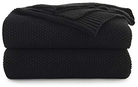 Longhui bedding Coperta in cotone nero lavorata a maglia, per divano, sedia, letto, decorazione per la casa, coperta lavorata a maglia, 127 x 152 cm, regalo con sacchetto per il lavaggio