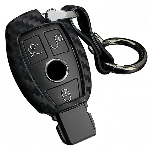 M.Jvisun Housse de protection en silicone souple pour système d'entrée sans clé commandé à distance de voiture Texture fibre de carbone Pour porte-clés Mercedes-Benz, Black - Round Keychain