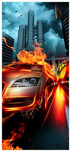 Wallario Selbstklebende Türtapete Brennendes fahrendes Auto - Türposter 100 x 220 cm Abwischbar, rückstandsfrei zu entfernen
