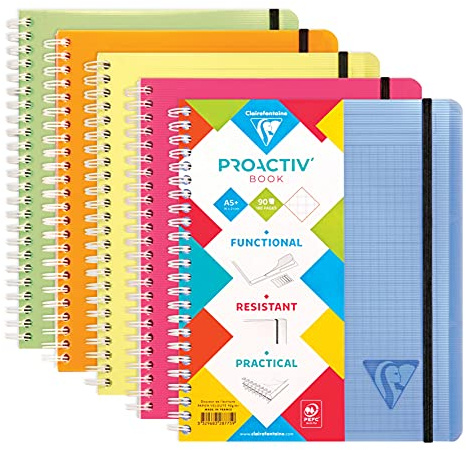 Clairefontaine 328775C - Heft Proactiv'Book DIN A5+ 16x21 cm, 90 Blatt, kariert mit Rand und Kopfleiste, abtrennbar, Einband aus PP, Gummizugverschluß, farbig sortiert, 1 Stück