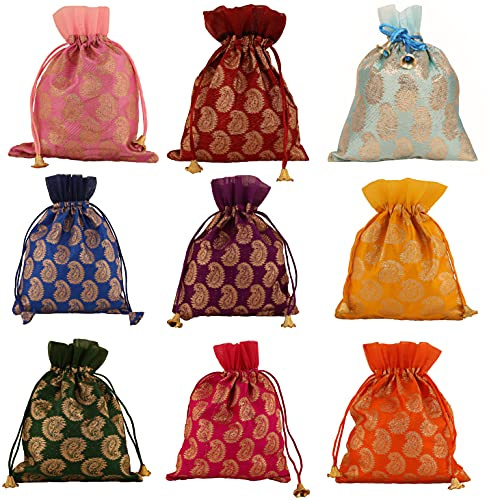 Touchstone Drawstring Bags Traditional Indian Handcrafted in Paisley Pattern Brocade fabric. Perfect for Gifts Jewelry Weddings Sweet Distribution Set of 9 Vibrant Multicolor Pouches Purses Potli