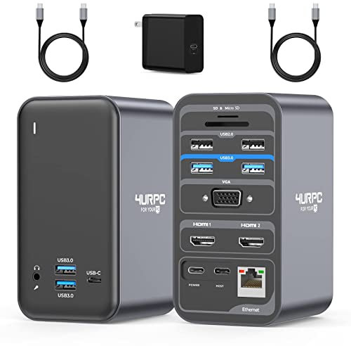 Estación de Acoplamiento USB C de Doble Monitor, Doble HDMI USB C, estación de Acoplamiento para portátil con 2 Puertos HDMI, VGA, Adaptador de Corriente de 65 W, 6 USB, Ethernet, SD/TF,