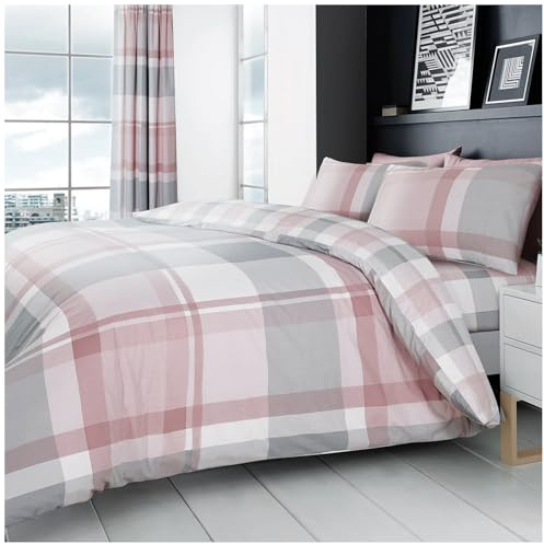 GC GAVENO CAVAILIA Tartan Bedding Double Duvet Set | Breathable Hypoallergenic Reversible Checkered Plaid Bedding Double Bed Set | Blush Pink