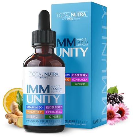 Total Immune 6-in-1 Liquid Multivitamin Supplement | 100% Daily Zinc, Vitamin D3, Vitamin C Immunity Drops Vitamin Liquid | Elderberry, Echinacea, Ginger Support for Adults & Kids | 4 oz Passion Fruit