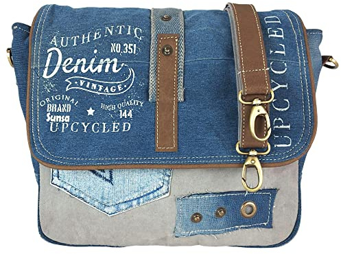 Sunsa Damen Umhängetasche. Messenger Tasche aus Canvas, Recycelte Jeans & Leder. Große Vintage Crossbody bag. Nachhaltig Upcycling Jeanshose Handtasche als Geschenkideen für Frauen
